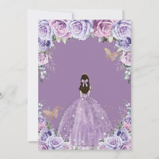 Quinceañera Lilac Lila Floral Gold Schmetterlinge Einladung (Rückseite)