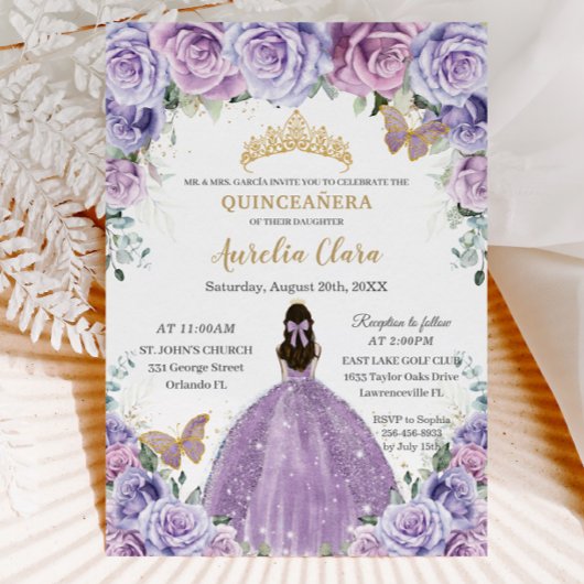 Quinceañera Lilac Lila Floral Gold Schmetterlinge Einladung