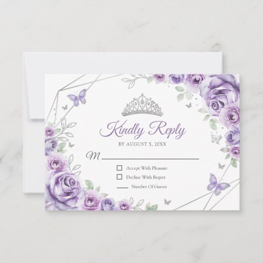 Quinceanera Lilac Lila Silberkleid Blumenbeweis RSVP Karte (Vorderseite)