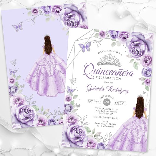 Quinceanera Lilac Lila Silver Dress Floral Einladung