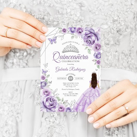Quinceanera Lilac Lila Silver Dress Floral Einladung