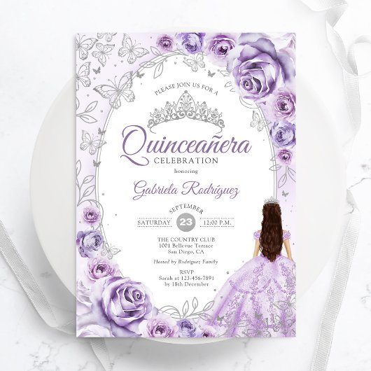 Quinceanera Lilac Lila Silver Floral Einladung