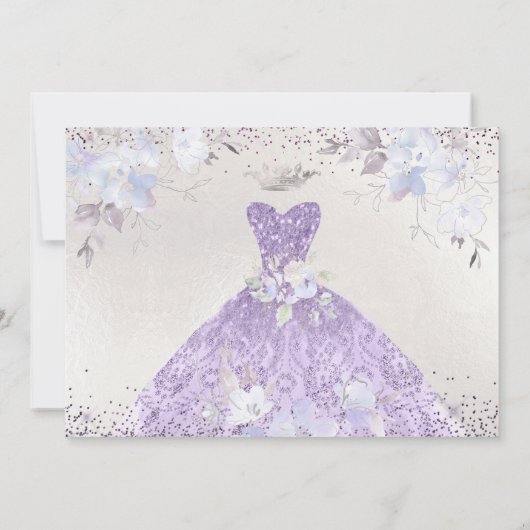 Quinceanera Lilac Lila Silver Glitzer Gown Einladung (Rückseite)