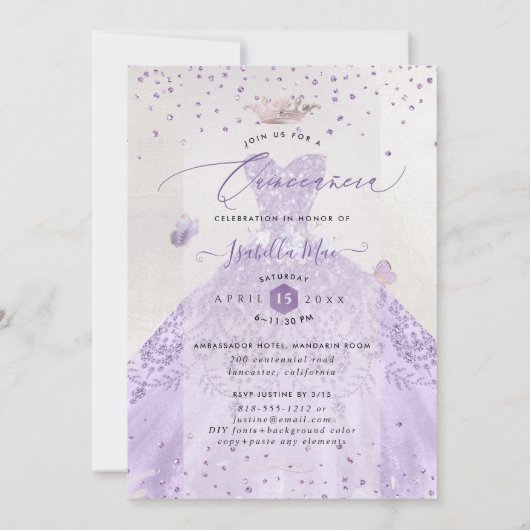 Quinceanera Lilac Lila Silver Glitzer Gown Einladung (Rückseite)