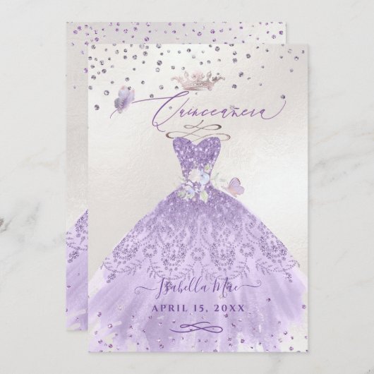 Quinceanera Lilac Lila Silver Glitzer Gown Einladung (Vorne/Hinten)