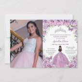 Quinceañera Lilac Purple Blumen Schmetterlinge Kro Einladung (Vorderseite)