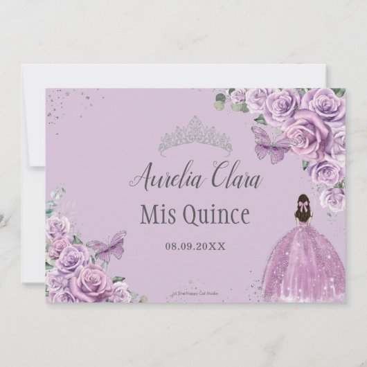 Quinceañera Lilac Purple Blumen Schmetterlinge Kro Einladung (Rückseite)