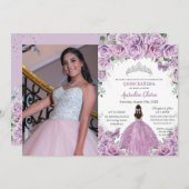 Quinceañera Lilac Purple Blumen Schmetterlinge Kro Einladung (Vorne/Hinten)