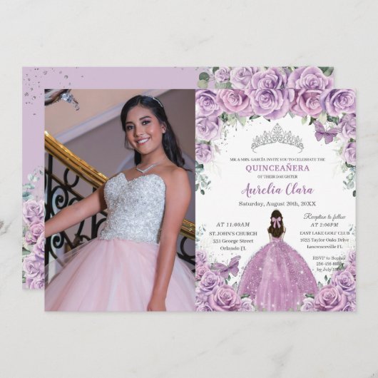 Quinceañera Lilac Purple Blumen Schmetterlinge Kro Einladung (Vorne/Hinten)