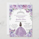 Quinceañera Lilac Purple Blumen Schmetterlinge Kro Einladung (Vorderseite)