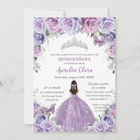 Quinceañera Lilac Purple Blumen Schmetterlinge Kro Einladung (Vorderseite)