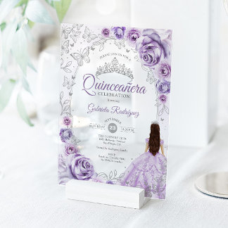 Quinceanera Lilac Purple Silver Floral Acryleinladungen