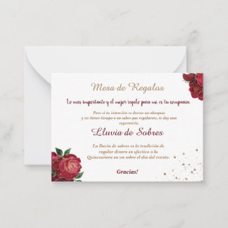 Quinceañera Lluvia de Sobres White Rote Rosen Mitteilungskarte