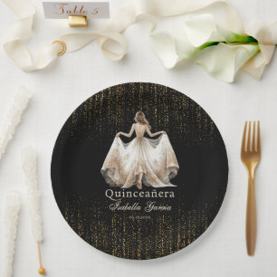 Quinceañera Luxury Black Ivory Gold Personalisiert Pappteller