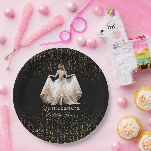 Quinceañera Luxury Black Ivory Gold Personalisiert Pappteller (Party)