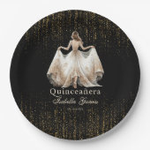 Quinceañera Luxury Black Ivory Gold Personalisiert Pappteller (Vorderseite)