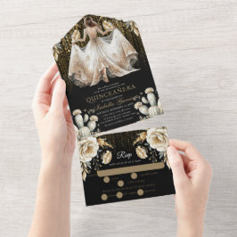 Quinceañera Luxury Black Ivory Gold uAwg All In One Einladung