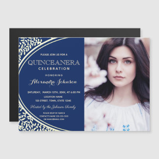 Quinceanera Luxury Elegantes Royal Blue & Gold Fot Magneteinladung