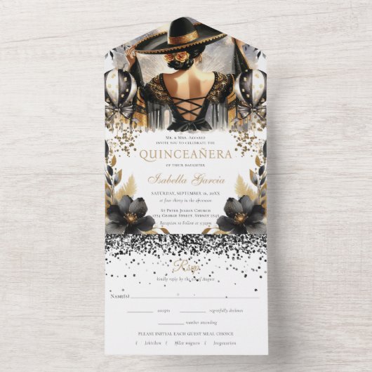 Quinceañera Luxus Black Gold mexikanischer Stil uA All In One Einladung (Innen Boden)