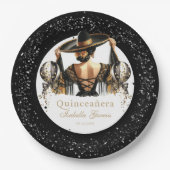 Quinceañera Luxus Black Gold Personalisiert Pappteller (Vorderseite)