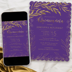 Quinceanera Luxus Geburtstag in Lila und Gold Blät Einladung