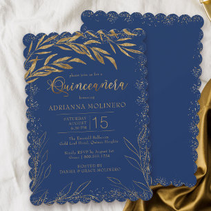 Quinceanera Luxus königsblau und goldene Blätter Einladung