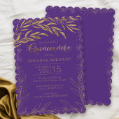 Quinceanera Luxus Lila und Gold Blätter Geburtstag Einladung