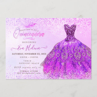 Quinceañera, Magenta Glitzer Dress Einladung