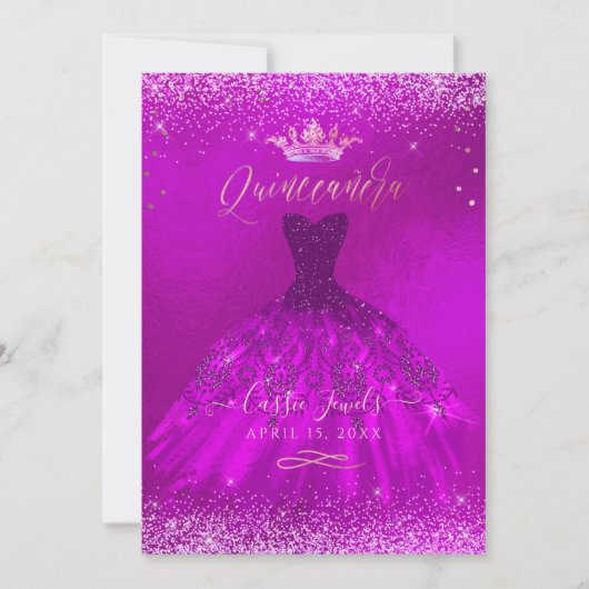Quinceanera Magenta Gold Confetti+Princess Einladung (Vorderseite)