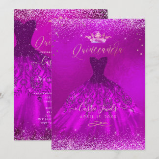 Quinceanera Magenta Gold Confetti+Princess Einladung