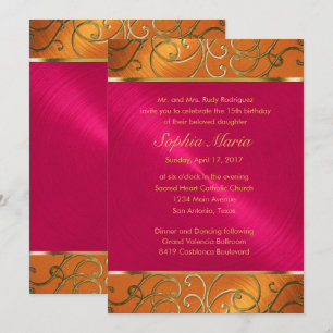 Quinceanera Magenta Pink Orange Gold Filigran Einladung