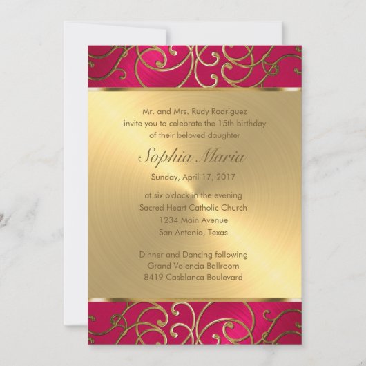 Quinceanera Magenta Pink und Gold Filigree Wirbel Einladung (Vorderseite)