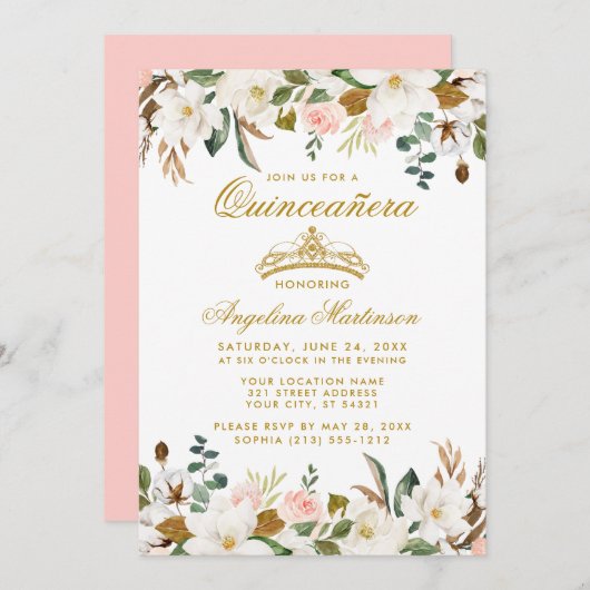 Quinceanera Magnolias Pink Roses Floral Einladung (Vorne/Hinten)