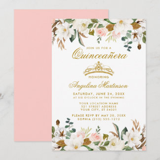 Quinceanera Magnolias Pink Roses Floral Einladung