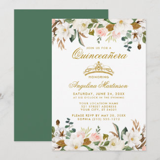 Quinceanera Magnolias Rose Blumengrün Einladung