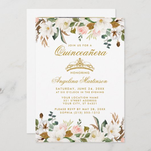 Quinceanera Magnolias Rose Blumenladen Foto Einladung (Vorne/Hinten)