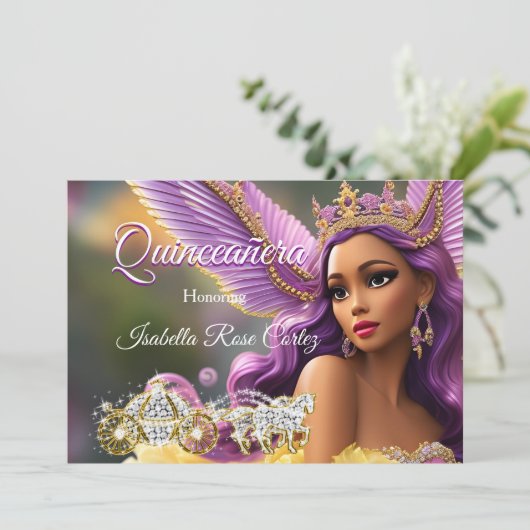 Quinceanera Mairytale Lila Pink Gold Carriage A Einladung (Stehend Vorderseite)