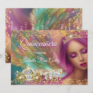 Quinceañera Mairytale Lila Pink Gold Carriage Einladung