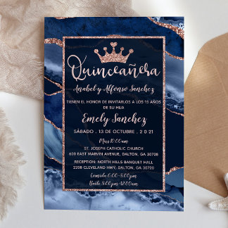 Quinceañera Marble Agate Navy Blue Foto Spanisch Einladung