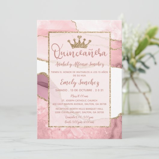 Quinceañera Marble Agate Rose Gold Foto Spanisch Einladung (Stehend Vorderseite)