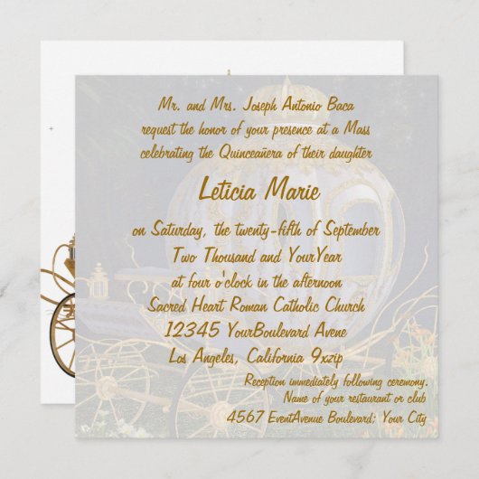 Quinceanera Märchen-Prinzessingold und -WEISS Einladung (Vorne/Hinten)