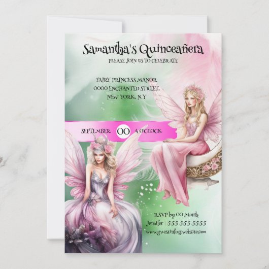 Quinceañera Märchen Thema rosa grüne Prinzessinnen Einladung (Vorderseite)