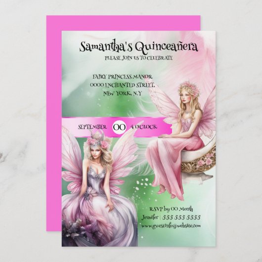 Quinceañera Märchen Thema rosa grüne Prinzessinnen Einladung (Vorne/Hinten)