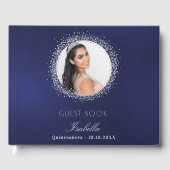 Quinceanera Marine blaues silbernes Foto glamourös Gästebuch (Vorderseite)