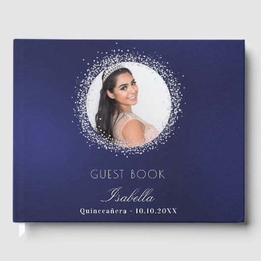 Quinceanera Marine blaues silbernes Foto glamourös Gästebuch (Vorderseite)