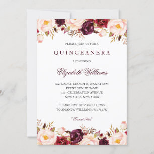 Quinceanera Marsala Floral Red Burgundy 15. Einladung