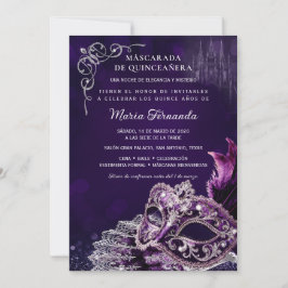 Quinceañera Mascarada Morado Plata Elegante Einladung
