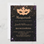 Quinceanera Maskerade Gold aus lila Glitzer Einladung (Vorderseite)