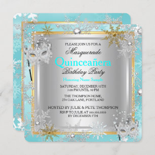 Quinceanera Masquerade Aquamarin Gold Schneeflocke Einladung