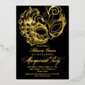 Quinceanera Masquerade Black Gold Folieneinladung (Vorderseite)